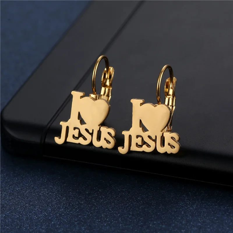 Boucles d'oreilles créoles en acier inoxydable – "I LOVE JESUS"