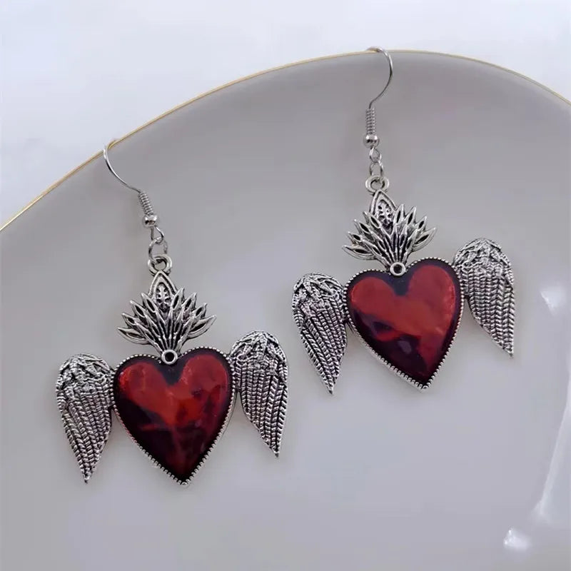 Boucles d'oreilles pendantes en alliage de zinc – Représentation du Sacré-Cœur en argent et rouge-image