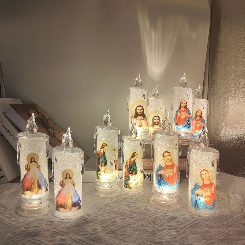 Bougie catholique de prière LED sans flamme – Décoration religieuse avec Jésus ou Vierge Marie