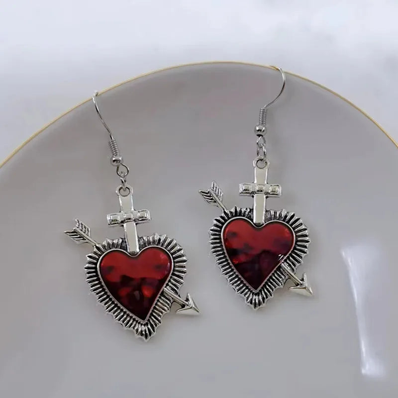 Boucles d'oreilles pendantes en alliage de zinc – Représentation du Sacré-Cœur en argent et rouge-image
