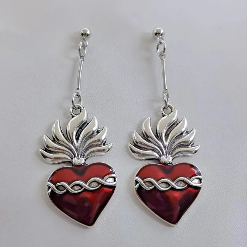 Boucles d'oreilles pendantes en alliage de zinc – Représentation du Sacré-Cœur en argent et rouge-image