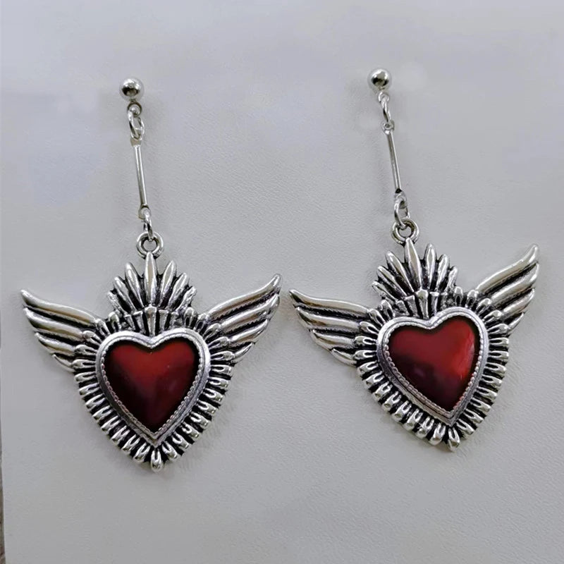 Boucles d'oreilles pendantes en alliage de zinc – Représentation du Sacré-Cœur en argent et rouge-image