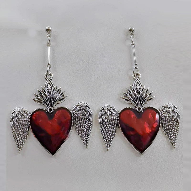 Boucles d'oreilles pendantes en alliage de zinc – Représentation du Sacré-Cœur en argent et rouge-image