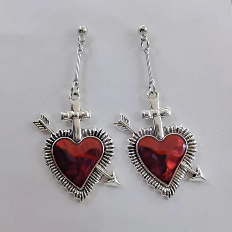 Boucles d'oreilles pendantes en alliage de zinc – Représentation du Sacré-Cœur en argent et rouge-image
