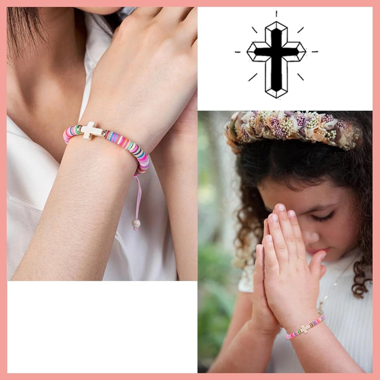 Bracelet Croix en Perles d'Argile - Bijoux Religieux pour Filles
