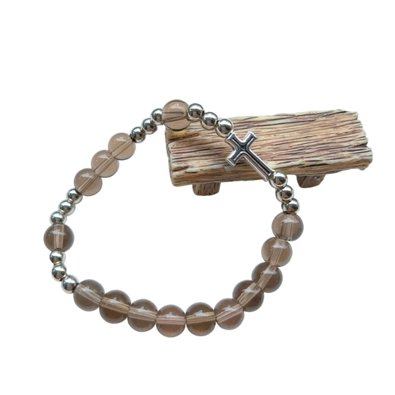 bracelet elastic fumée et argenté avec croix
