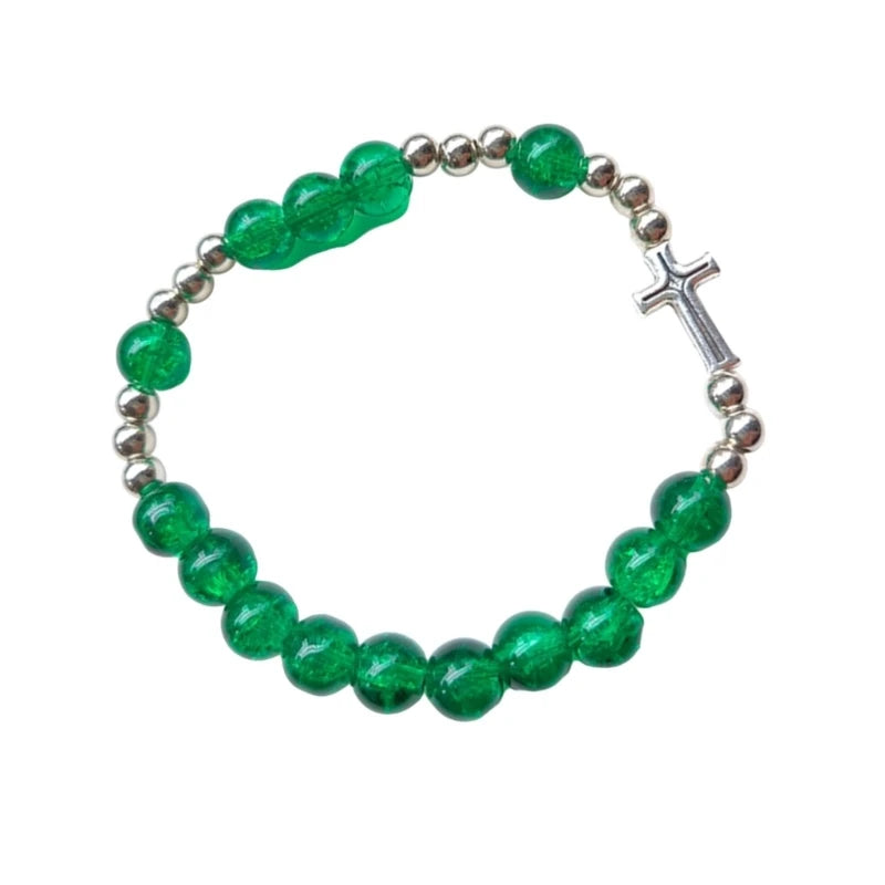 bracelet elastic vert et argenté avec croix