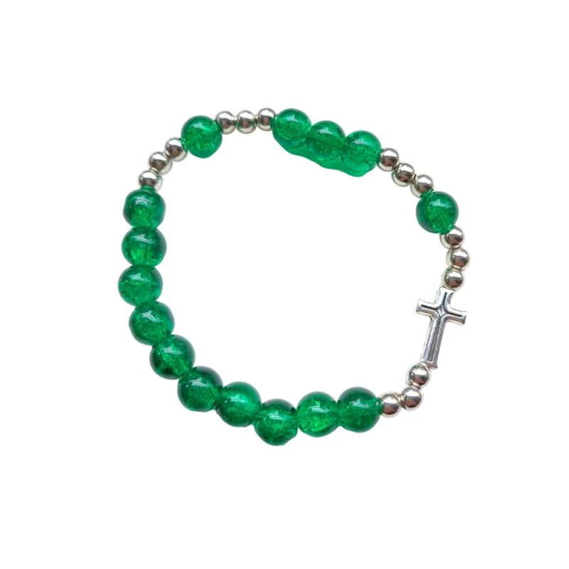 bracelet elastic vert et argenté avec croix