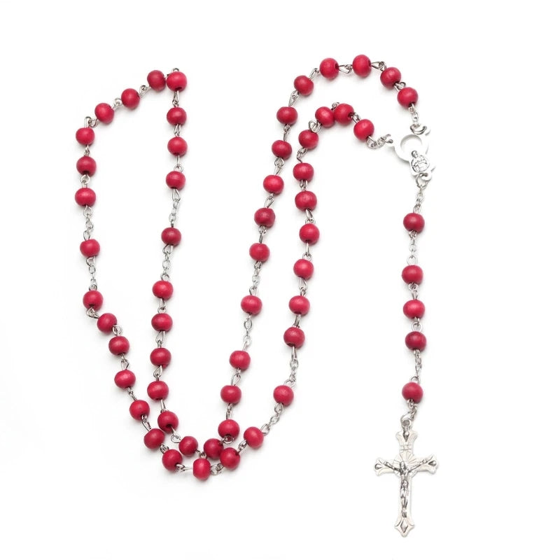 Chapelet en bois avec croix ROUGE