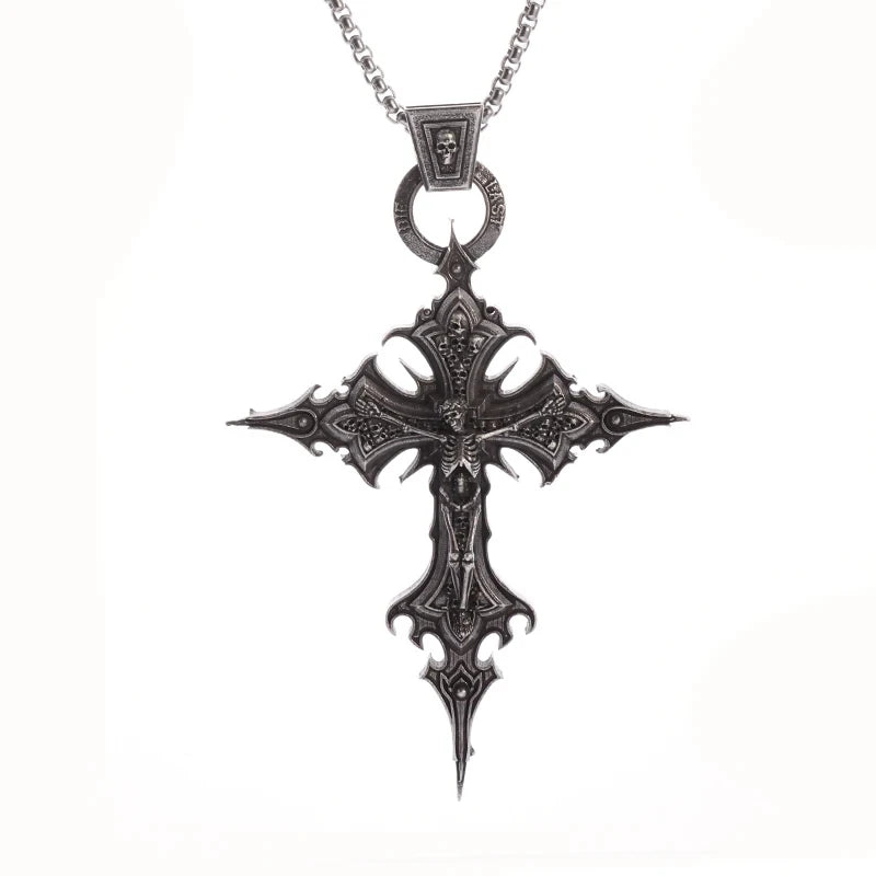 Collier Pendentif Croix Crâne Jésus Gothique - Bijou Punk Catholique