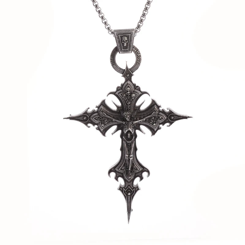 Collier Pendentif Croix Crâne Jésus Gothique - Bijou Punk Catholique