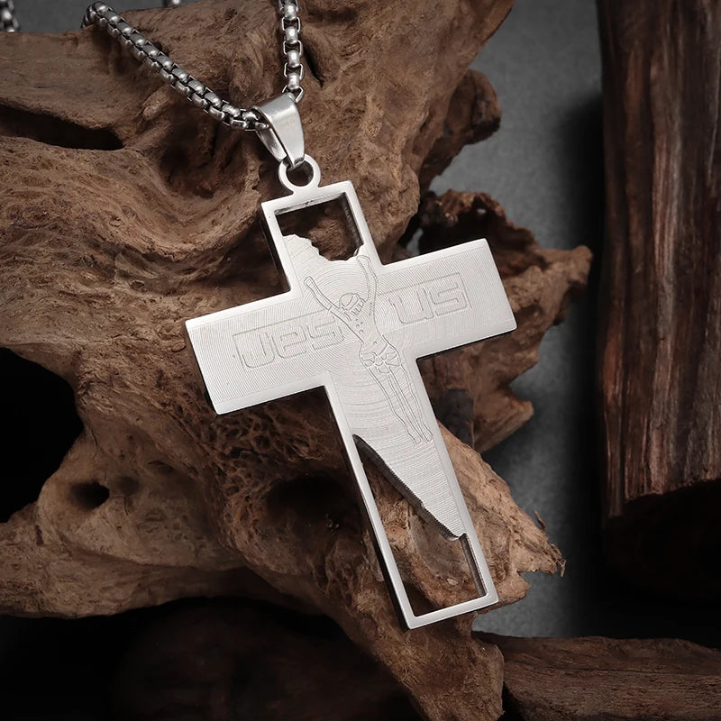 Collier Pendentif Croix Jésus - Acier Inoxydable