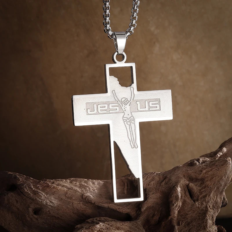 Collier Pendentif Croix Jésus - Acier Inoxydable