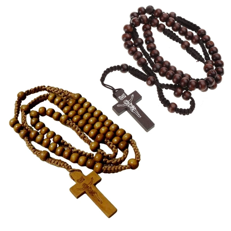 chapelet marron et café foncé en corde et perles de bois