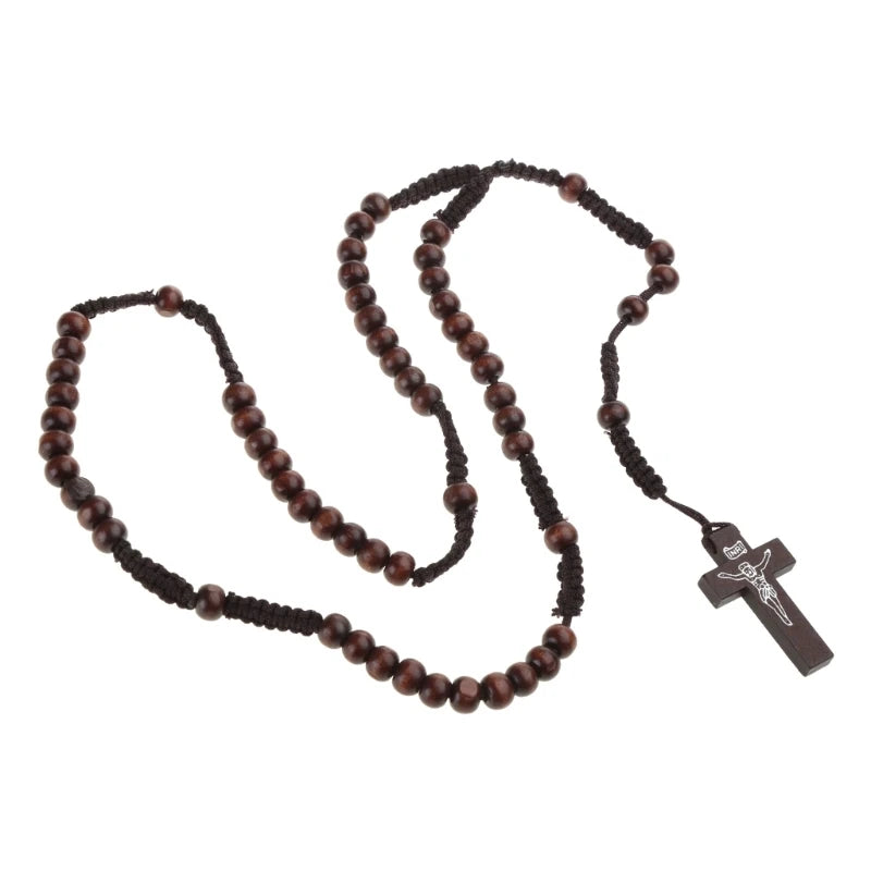 chapelet café foncé en corde et perles de bois