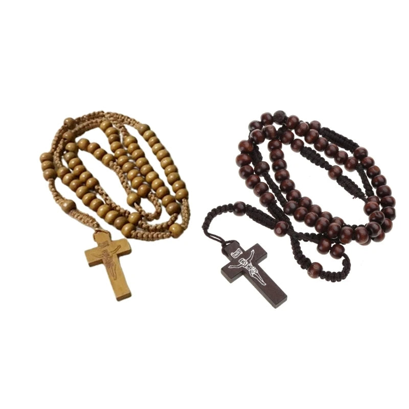 chapelet marron et café foncé en corde et perles de bois