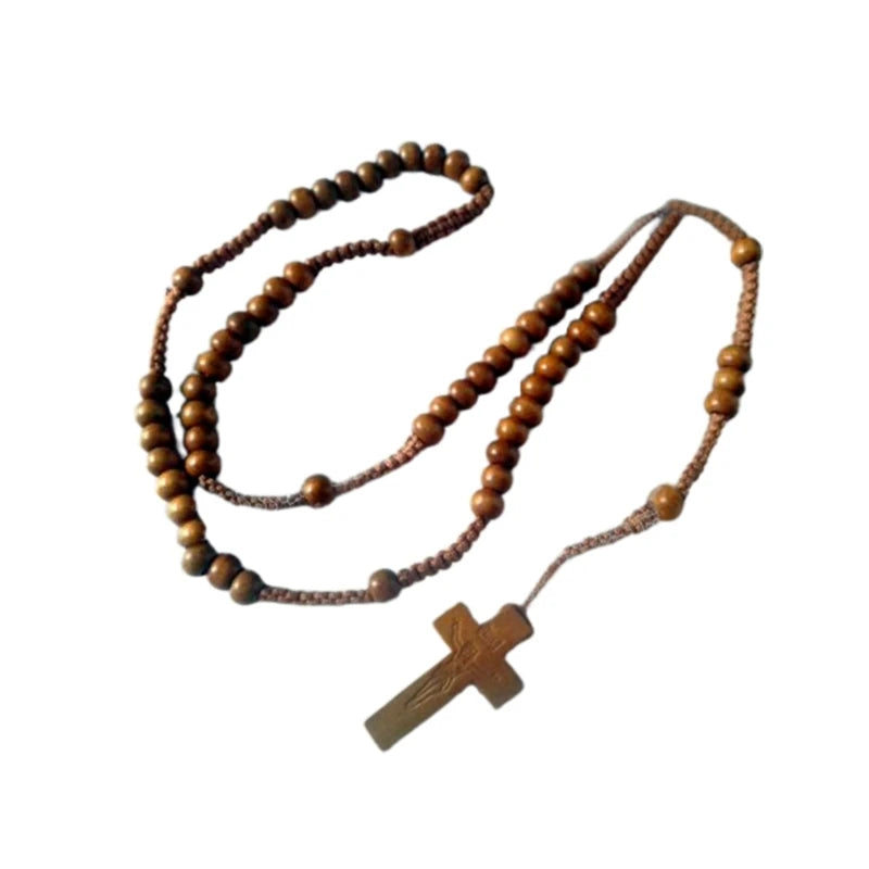 chapelet marron foncé en corde et perles de bois