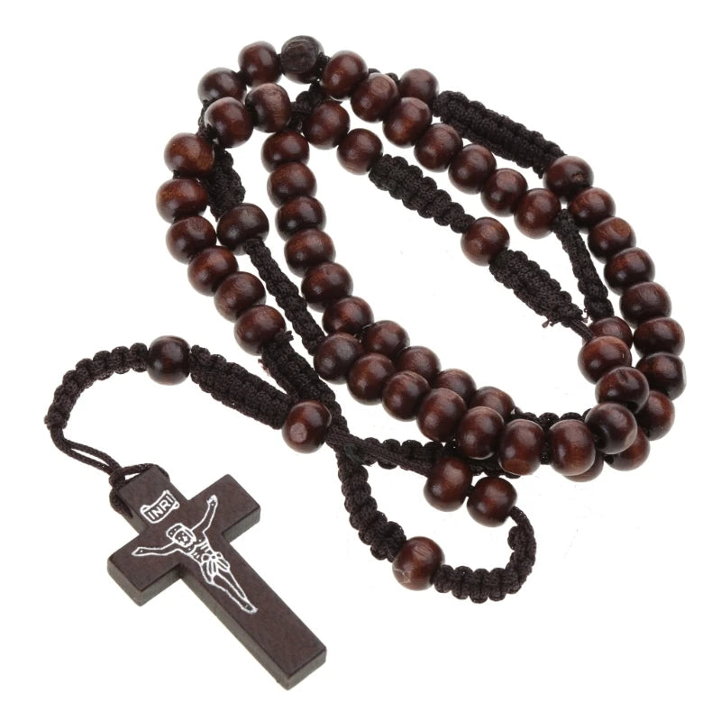 chapelet café foncé en corde et perles de bois