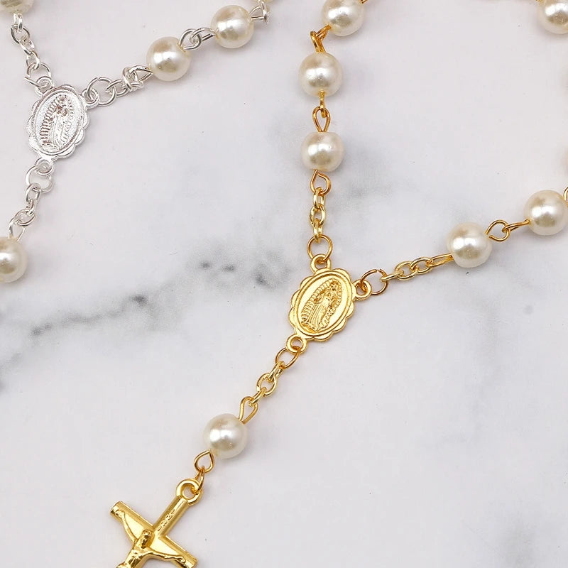 mini chapelet élégant en perles et métal, doré ou argenté