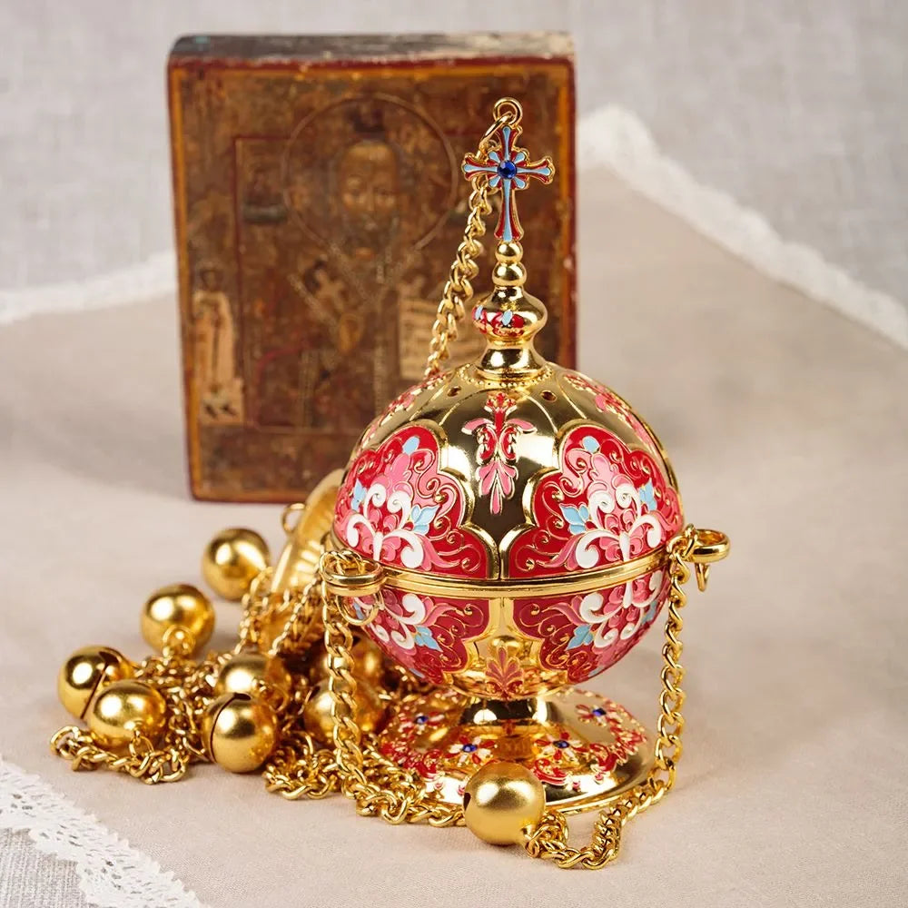 Brûleur d'encens raffiné en métal – Encensoir d'église avec chaîne et grelots dorés-