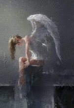 Tableau d'ange assis avec ailes blanches - Art religieux sur toile pour décoration murale - Vignette | La Paroissienne