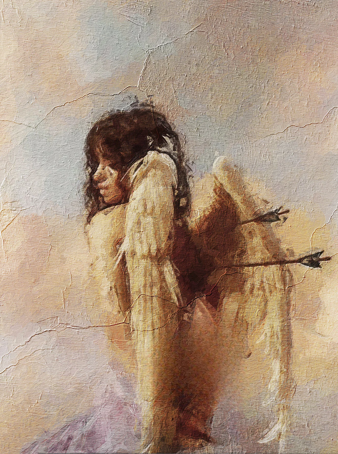 Impression sur toile – Ange assis avec des flèches dans le dos