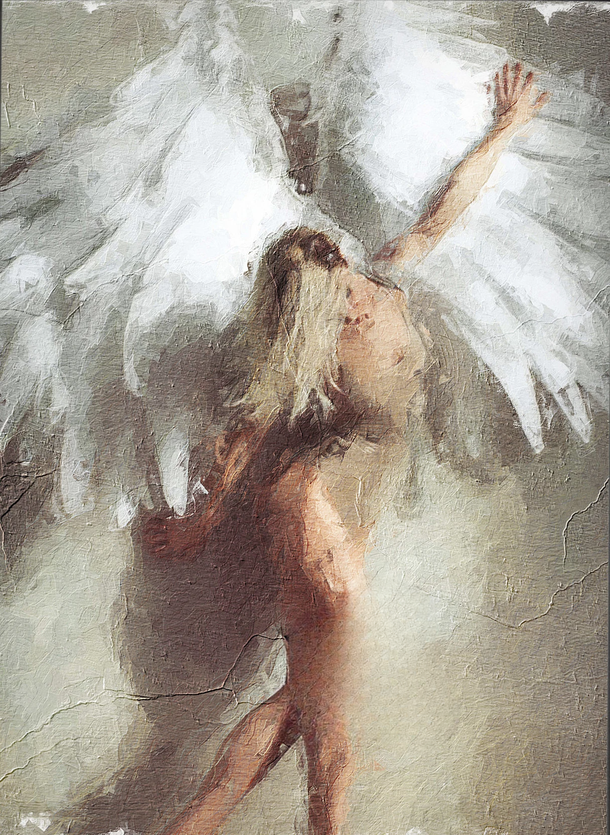 Impression sur toile – Ange debout, visage et main levés vers le ciel